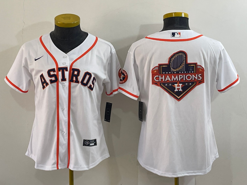 Women's Houston Astros White 2022 World Series Champions Team Big Logo With Patch Cool Base Stitched Baseball Jersey(Run Small) Women's Houston Astros White 2022 World Series Champions Team Big Logo With Patch Cool Base Stitched Baseball Jersey(Run Small)